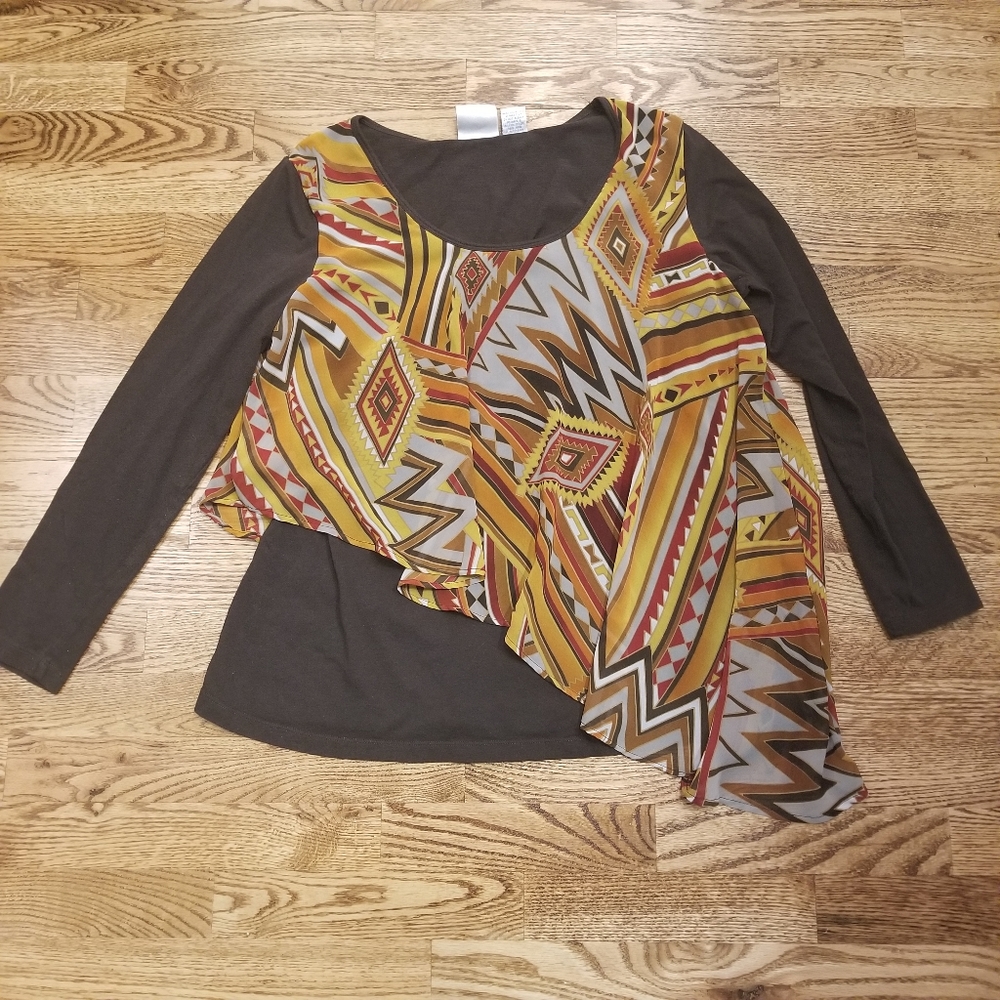 (M) DG2 by Diane Gilman Layered Top Business Casual Geometric Aztec Print